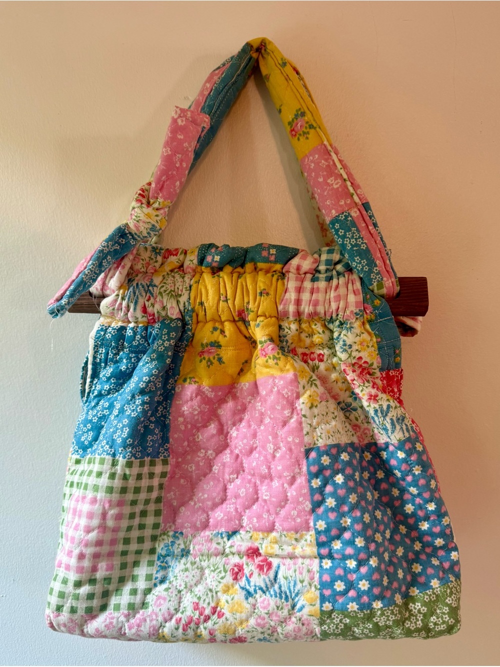 Quilted Patchwork Tote Purse Bag - Pink, Blue & Yellow